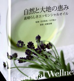 Book Essential Wellness top of image is cut off with Japanese lettering in the middle of the front cover, bleow that are flowers sitting on a towel with a glass, lower bottom displays that title Essential Wellness